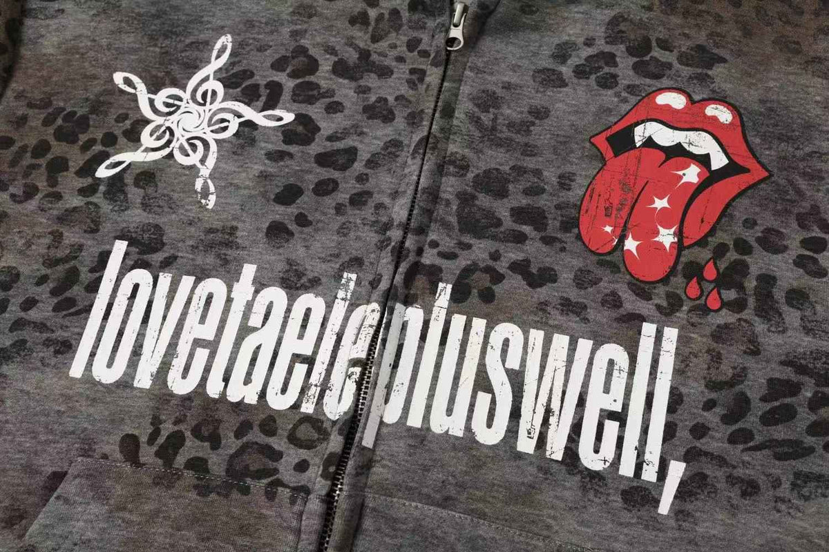 Vintage Leopard Print Graphic Zip-Up Hoodie
