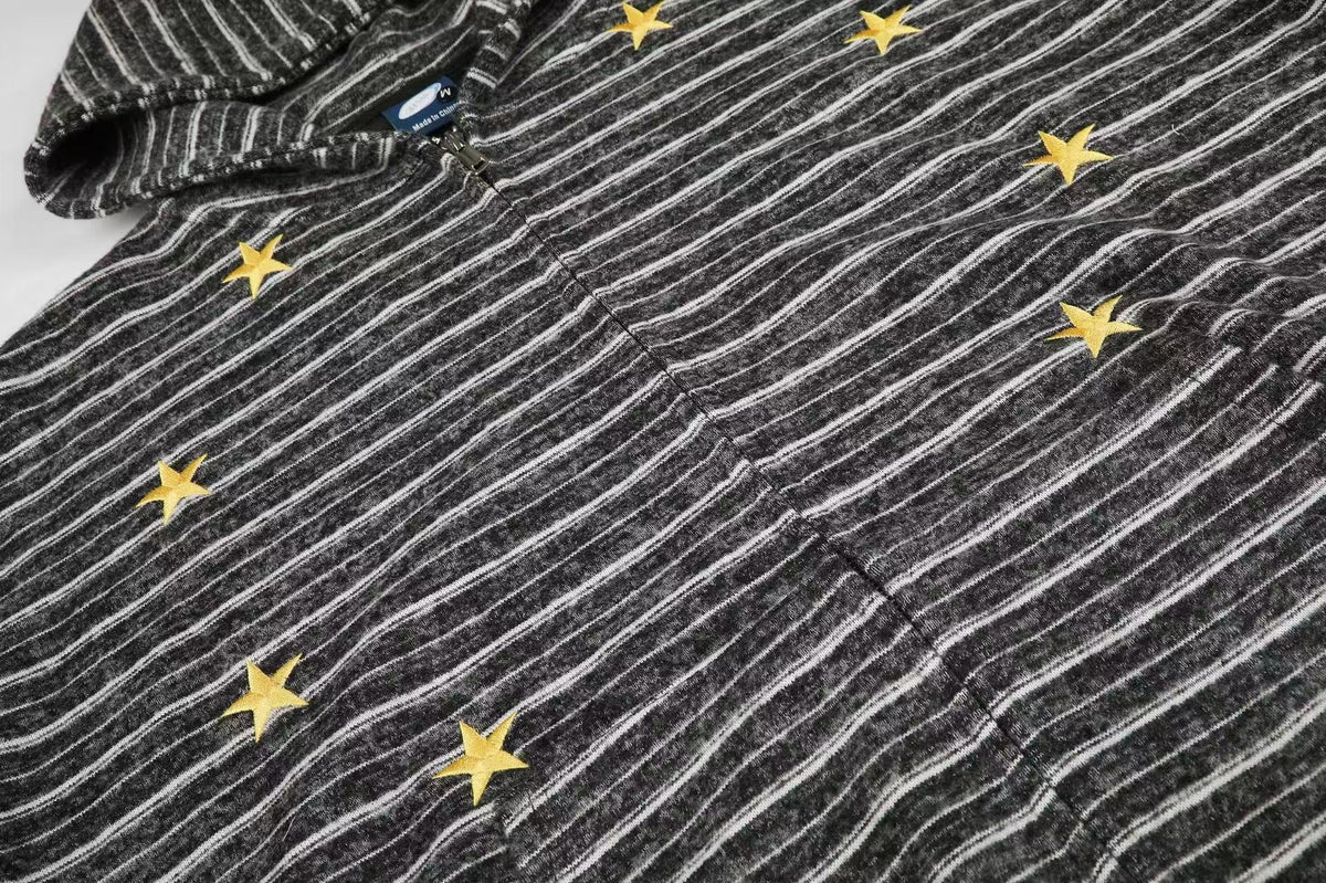 Striped Star Embroidery Zip-Up Hoodie - OMYGOODS