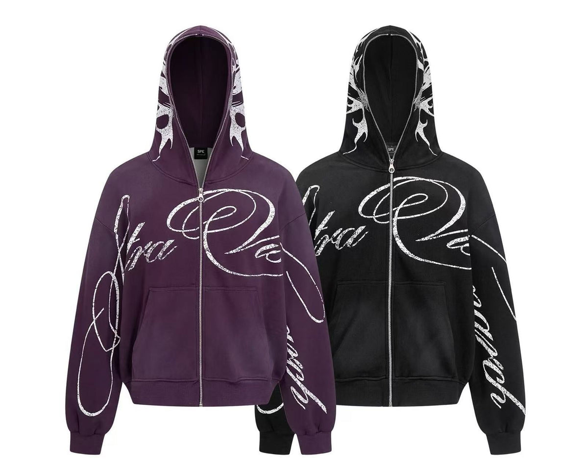 Streetwear Cursive Script Graffiti Full Zip Hoodie - OMYGOODS