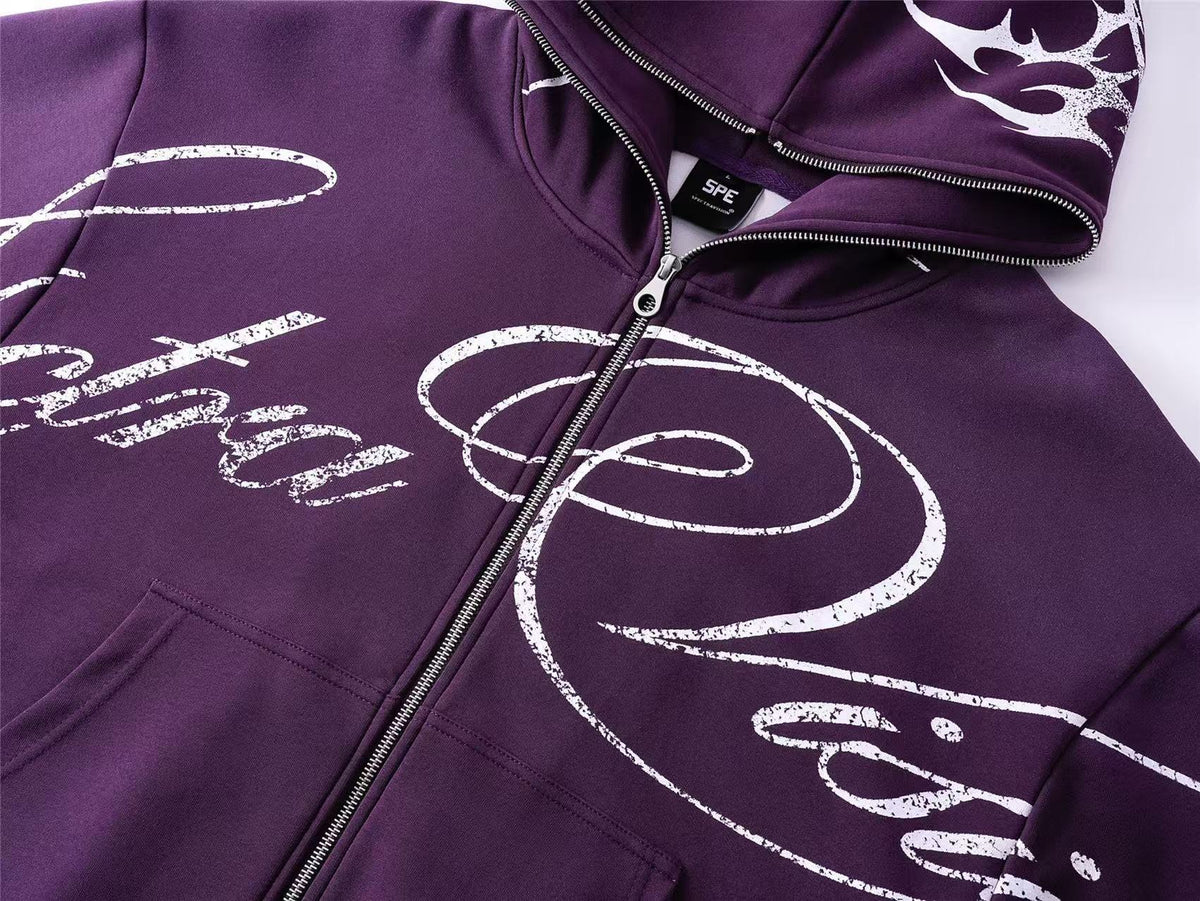 Streetwear Cursive Script Graffiti Full Zip Hoodie - OMYGOODS