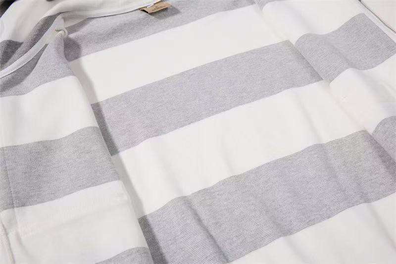 Striped Patchwork Portrait Print Zip-Up Hoodie - OMYGOODS