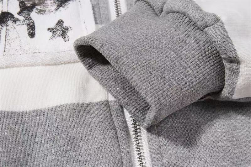 Striped Patchwork Portrait Print Zip-Up Hoodie - OMYGOODS