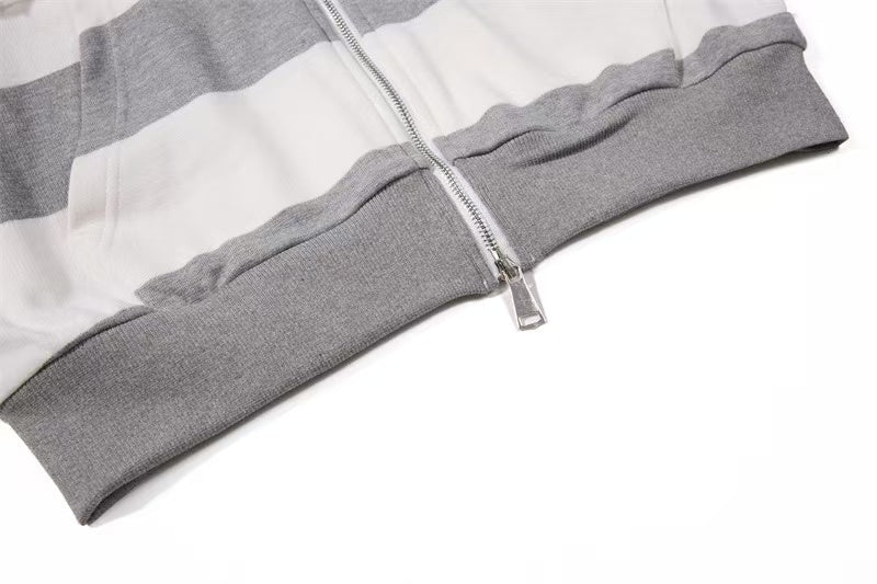 Striped Patchwork Portrait Print Zip-Up Hoodie - OMYGOODS