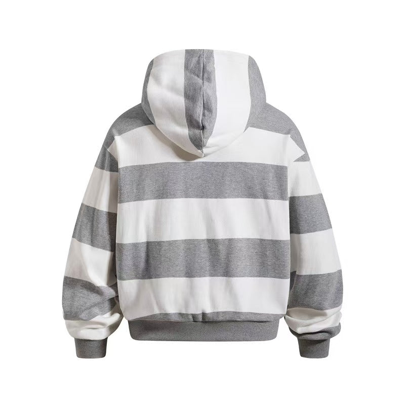 Striped Patchwork Portrait Print Zip-Up Hoodie - OMYGOODS