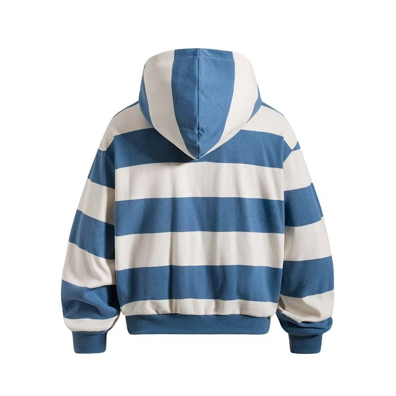 Striped Patchwork Portrait Print Zip-Up Hoodie - OMYGOODS