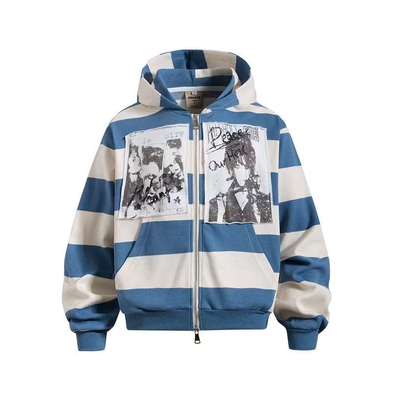 Striped Patchwork Portrait Print Zip-Up Hoodie - OMYGOODS