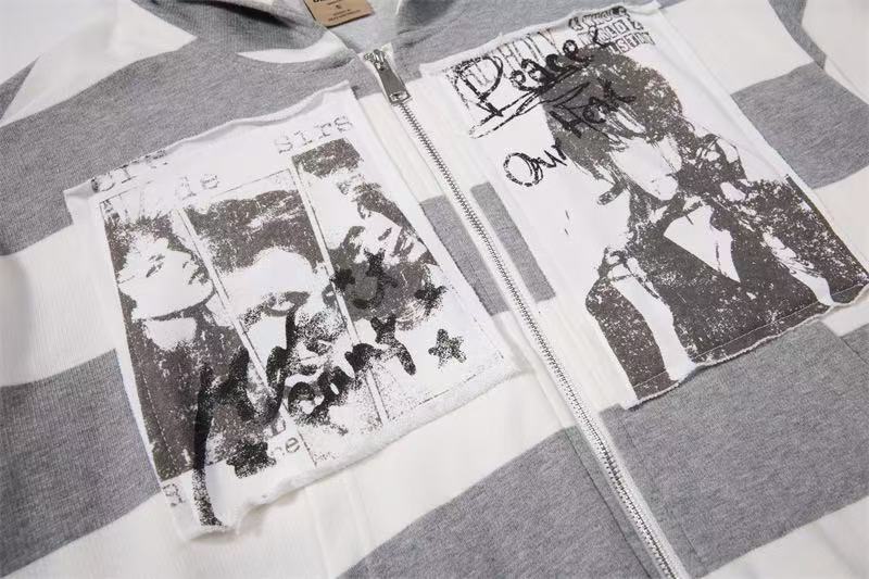 Striped Patchwork Portrait Print Zip-Up Hoodie - OMYGOODS