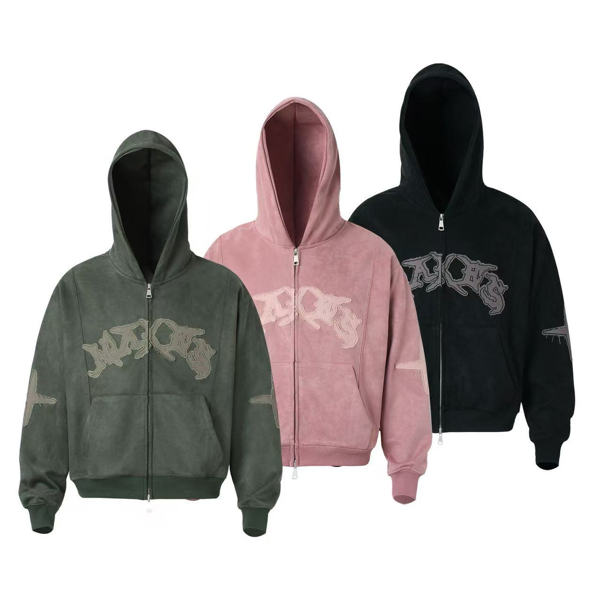 Vintage Suede Letter Embroidery Zip-Up Hoodie - OMYGOODS