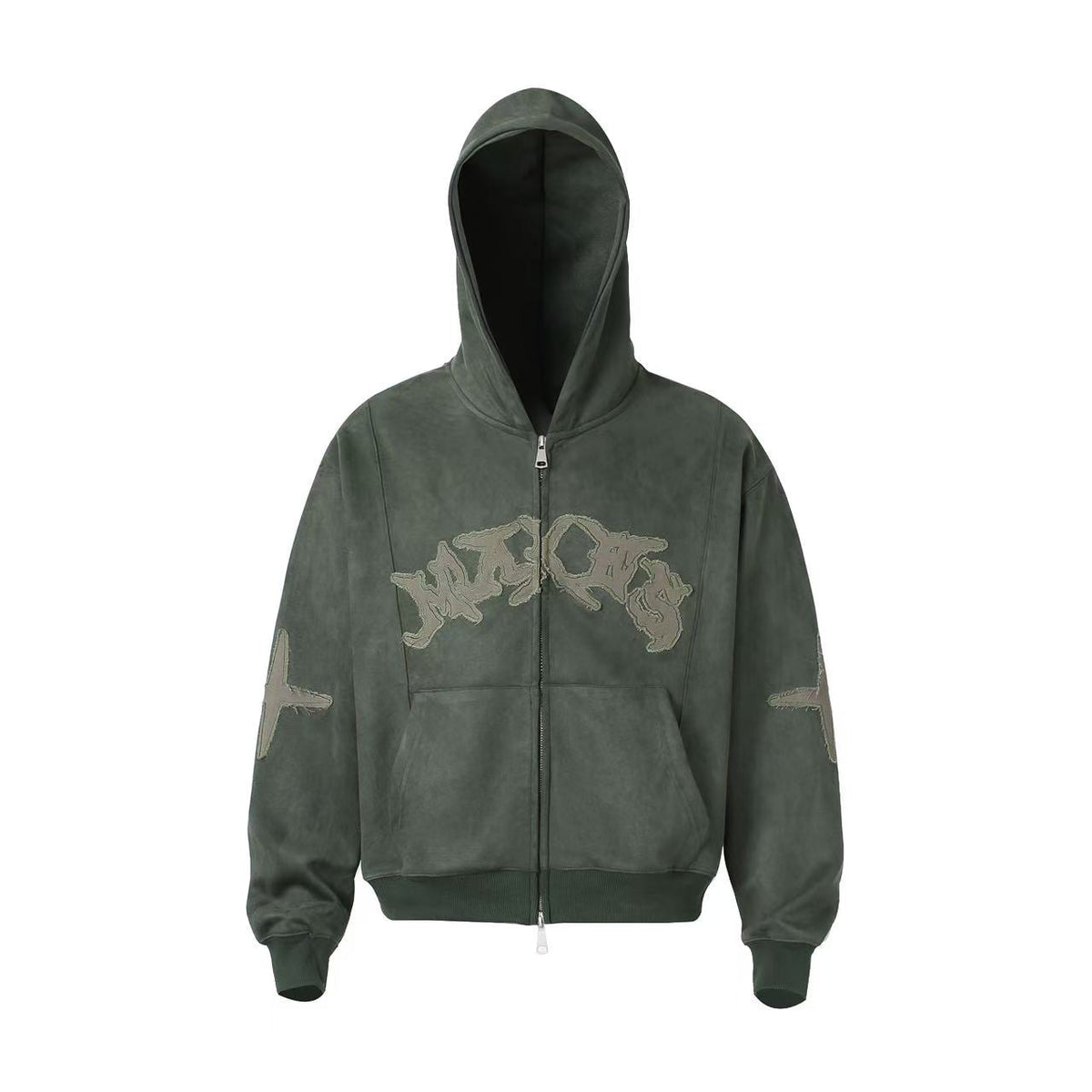 Vintage Suede Letter Embroidery Zip-Up Hoodie - OMYGOODS