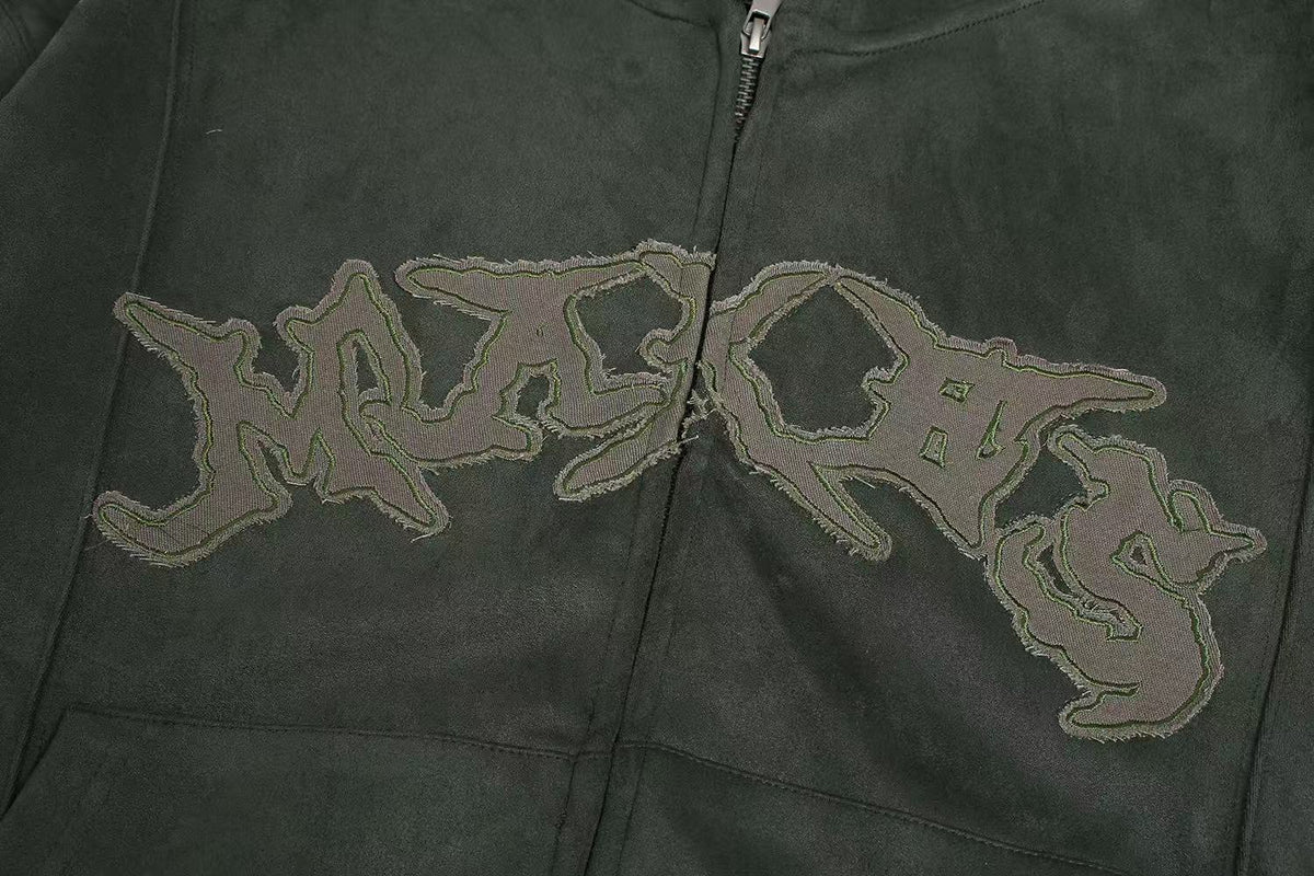 Vintage Suede Letter Embroidery Zip-Up Hoodie - OMYGOODS