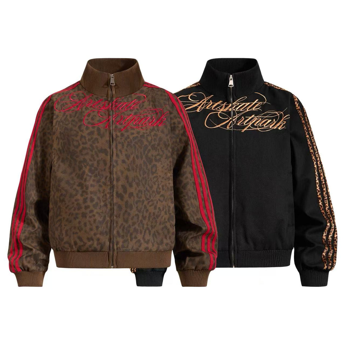 Cropped Leopard Print Side Stripe Script Embroidery Track Jacket - OMYGOODS