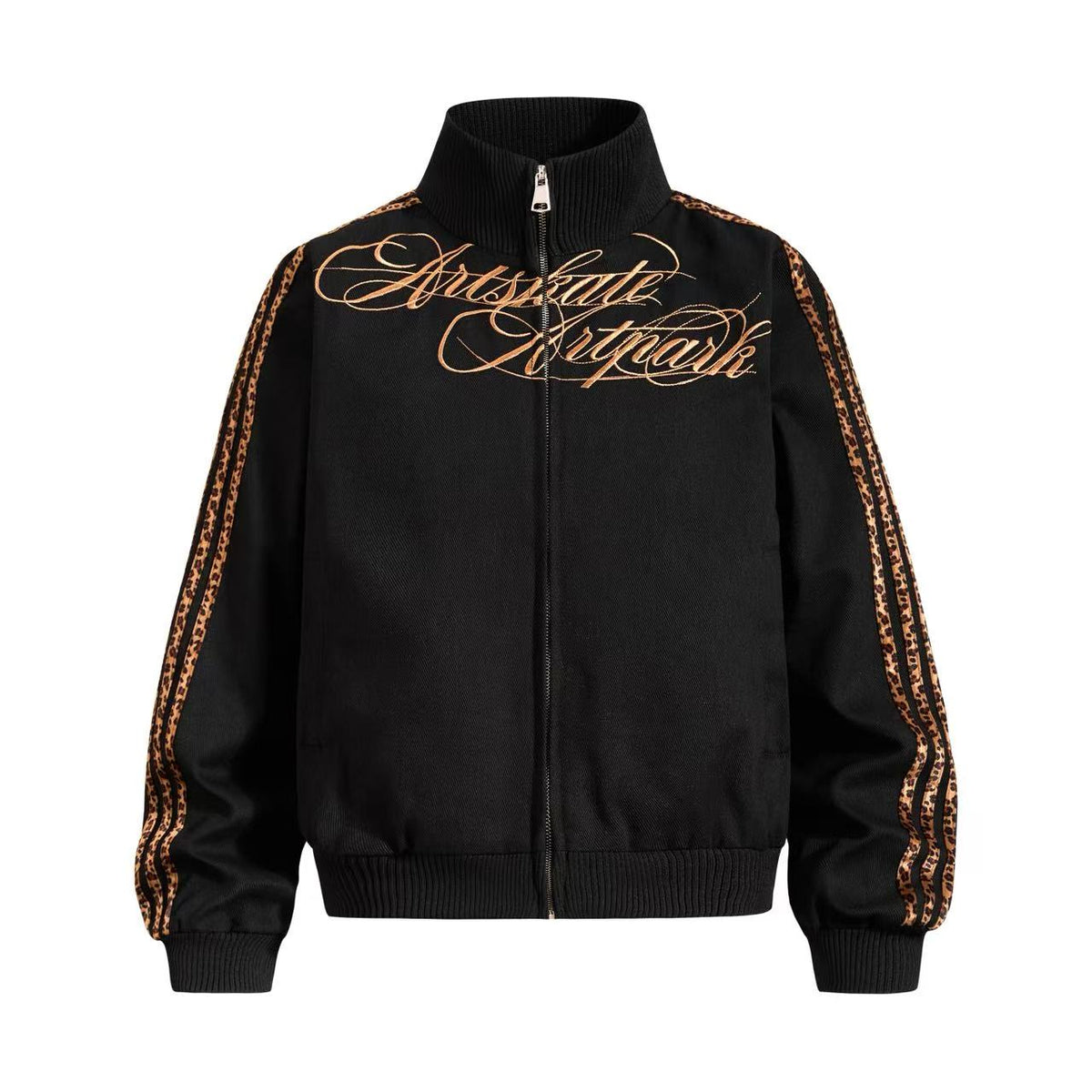 Cropped Leopard Print Side Stripe Script Embroidery Track Jacket - OMYGOODS