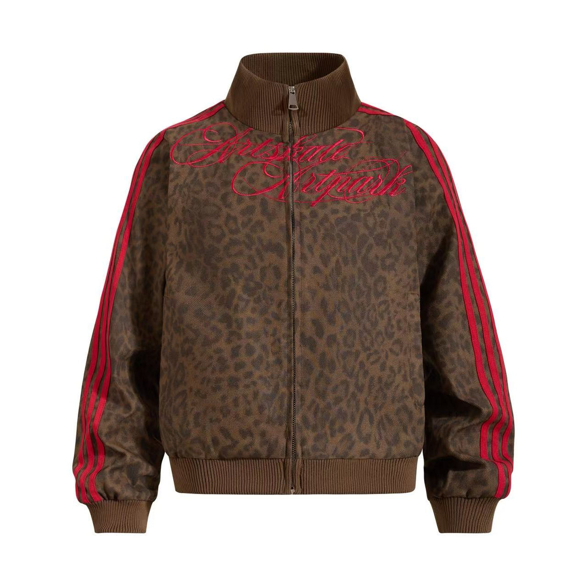 Cropped Leopard Print Side Stripe Script Embroidery Track Jacket - OMYGOODS