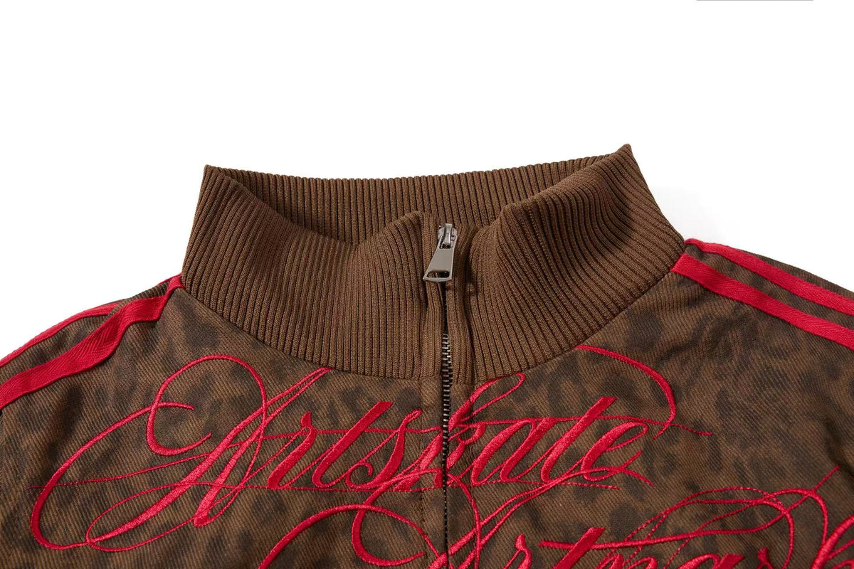 Cropped Leopard Print Side Stripe Script Embroidery Track Jacket - OMYGOODS