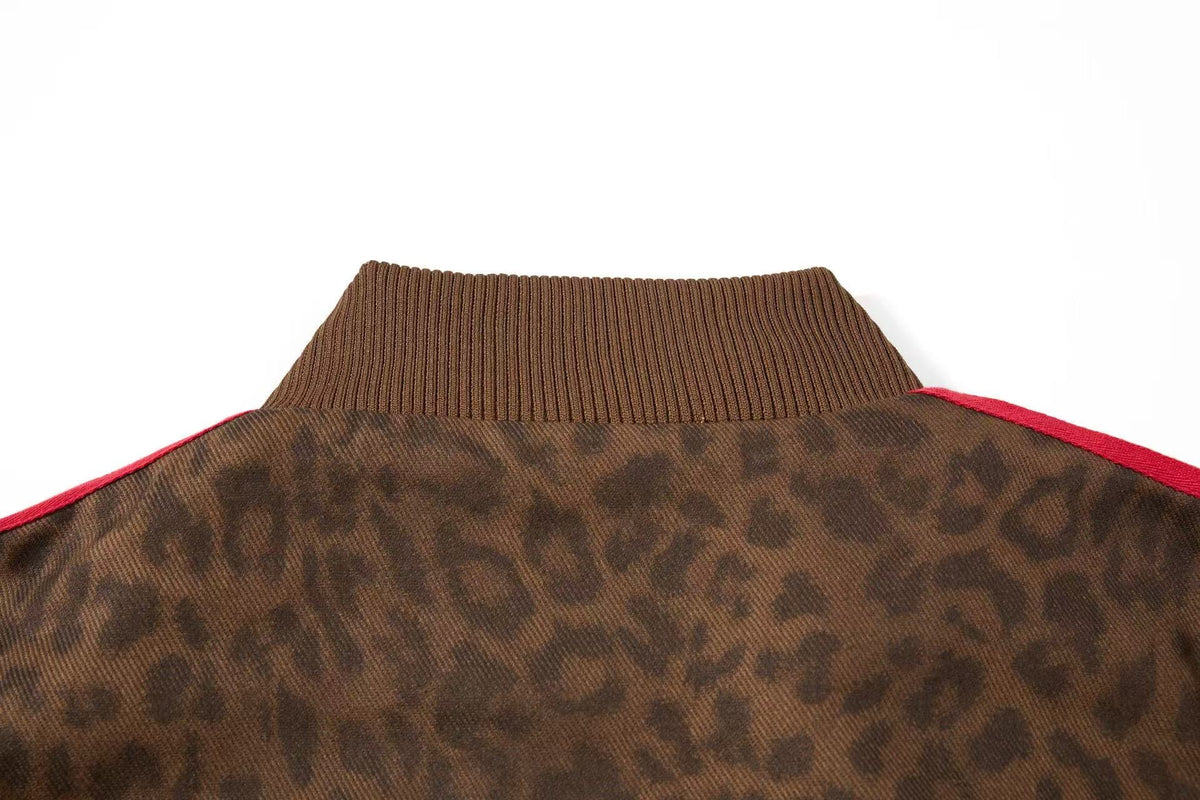 Cropped Leopard Print Side Stripe Script Embroidery Track Jacket - OMYGOODS