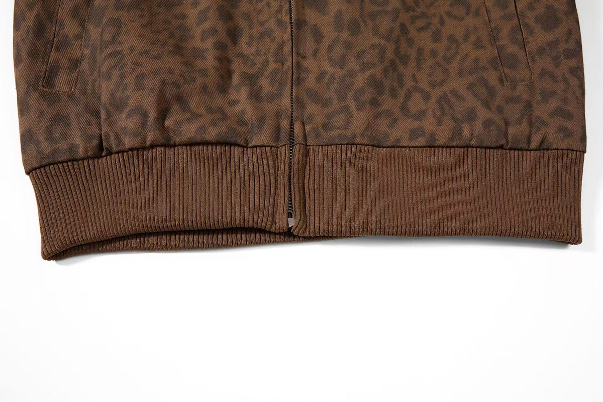 Cropped Leopard Print Side Stripe Script Embroidery Track Jacket - OMYGOODS