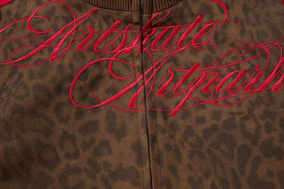 Cropped Leopard Print Side Stripe Script Embroidery Track Jacket - OMYGOODS