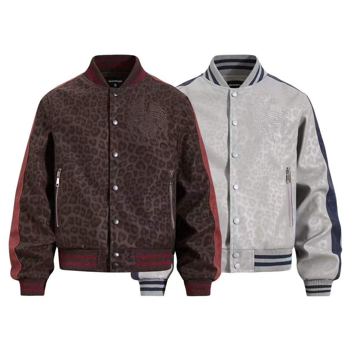 Cropped Leopard Print Flag Embroidery Varsity Jacket - OMYGOODS