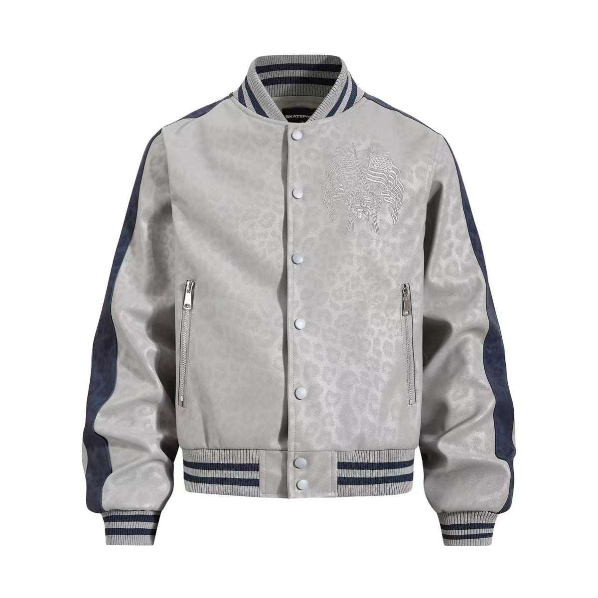 Cropped Leopard Print Flag Embroidery Varsity Jacket - OMYGOODS