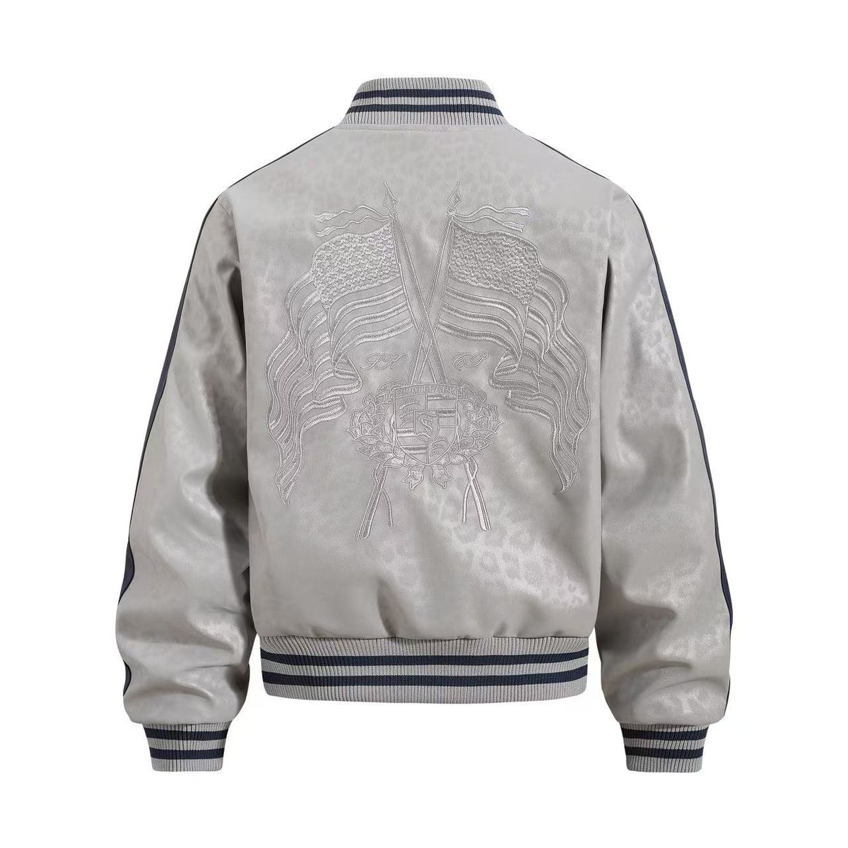 Cropped Leopard Print Flag Embroidery Varsity Jacket - OMYGOODS