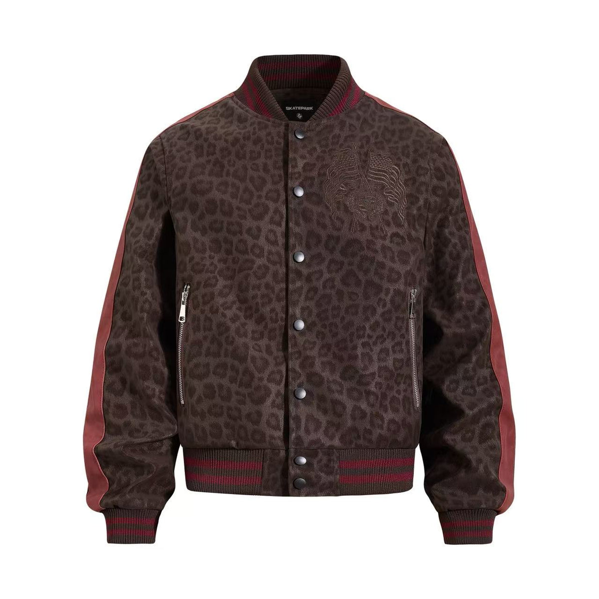 Cropped Leopard Print Flag Embroidery Varsity Jacket - OMYGOODS