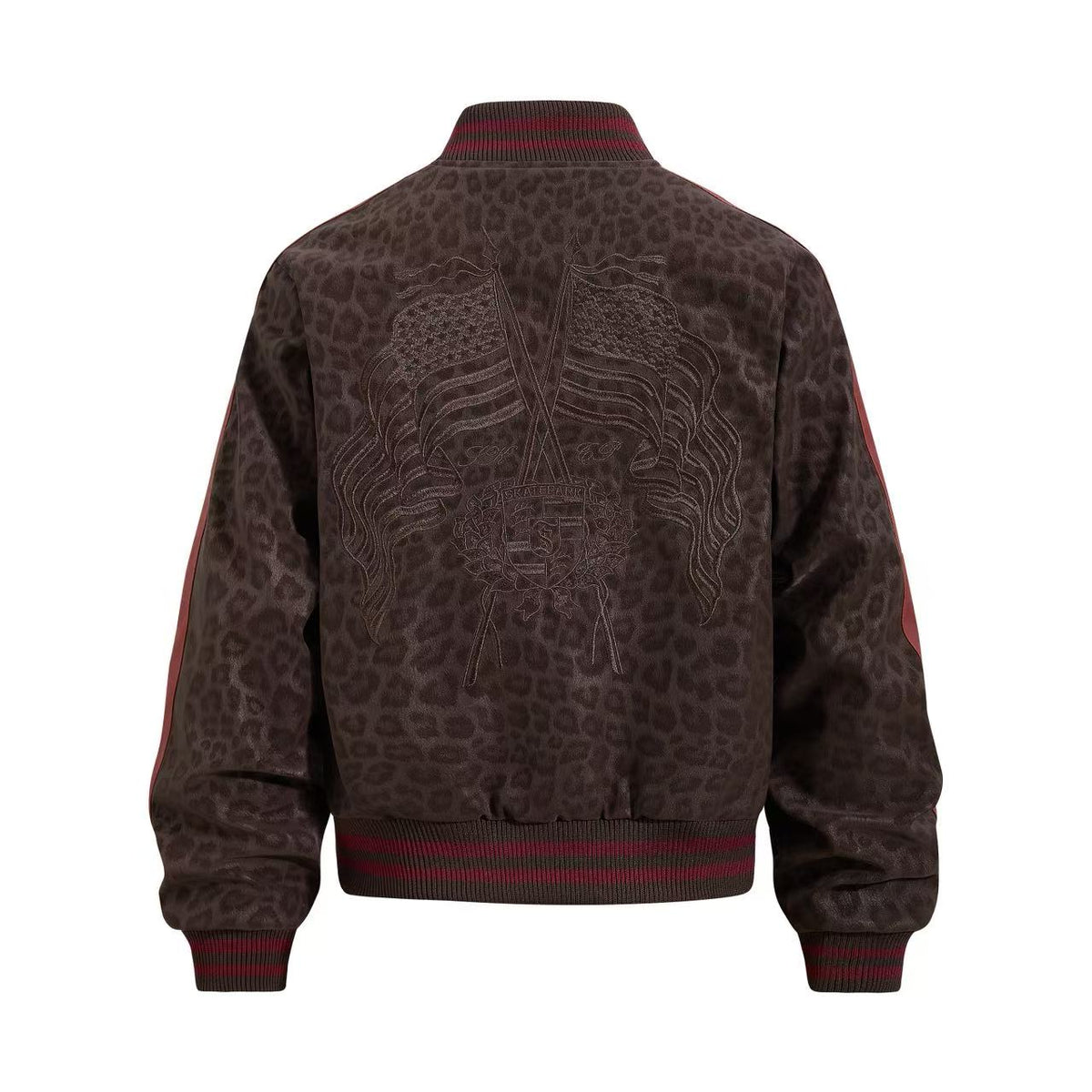 Cropped Leopard Print Flag Embroidery Varsity Jacket - OMYGOODS