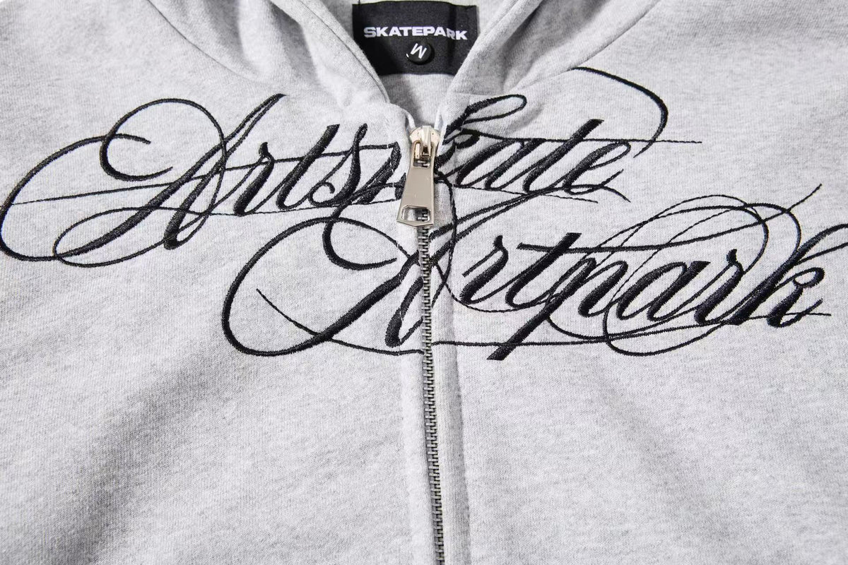 Cropped Cursive Script Print Zip-Up Hooded Jacket - OMYGOODS