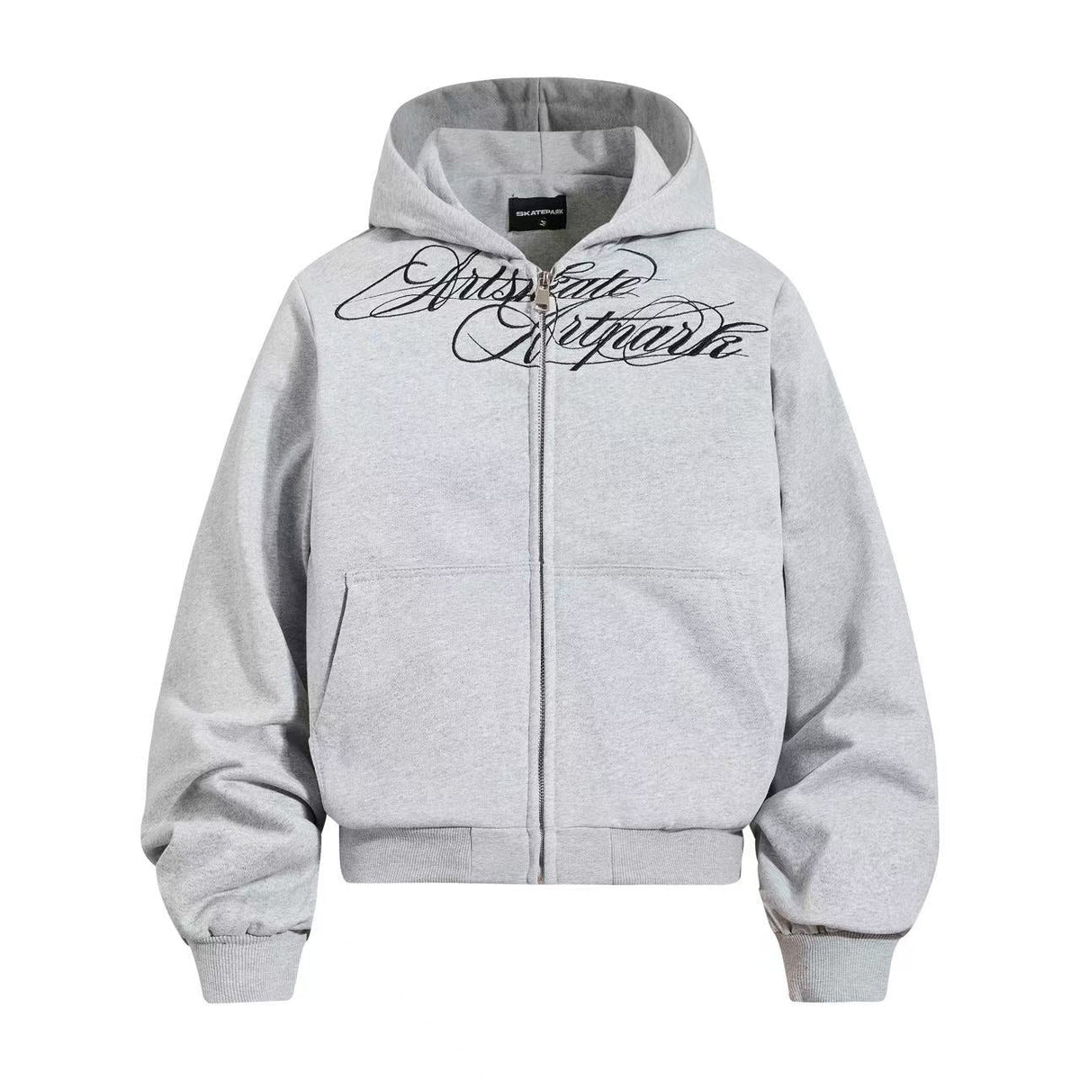 Cropped Cursive Script Print Zip-Up Hooded Jacket - OMYGOODS