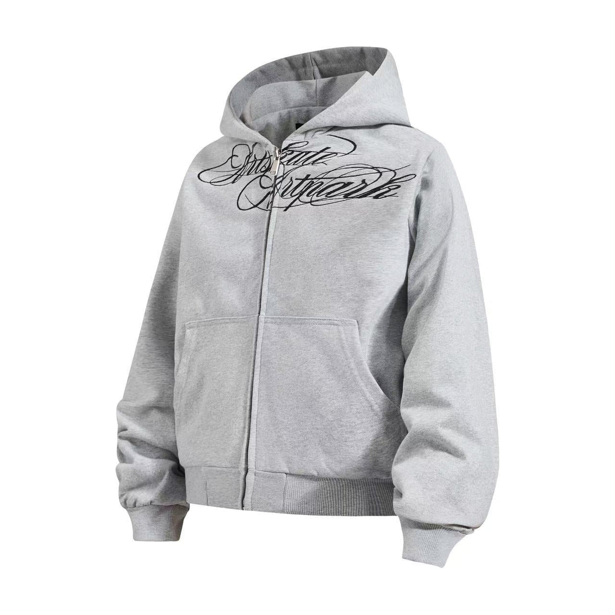 Cropped Cursive Script Print Zip-Up Hooded Jacket - OMYGOODS