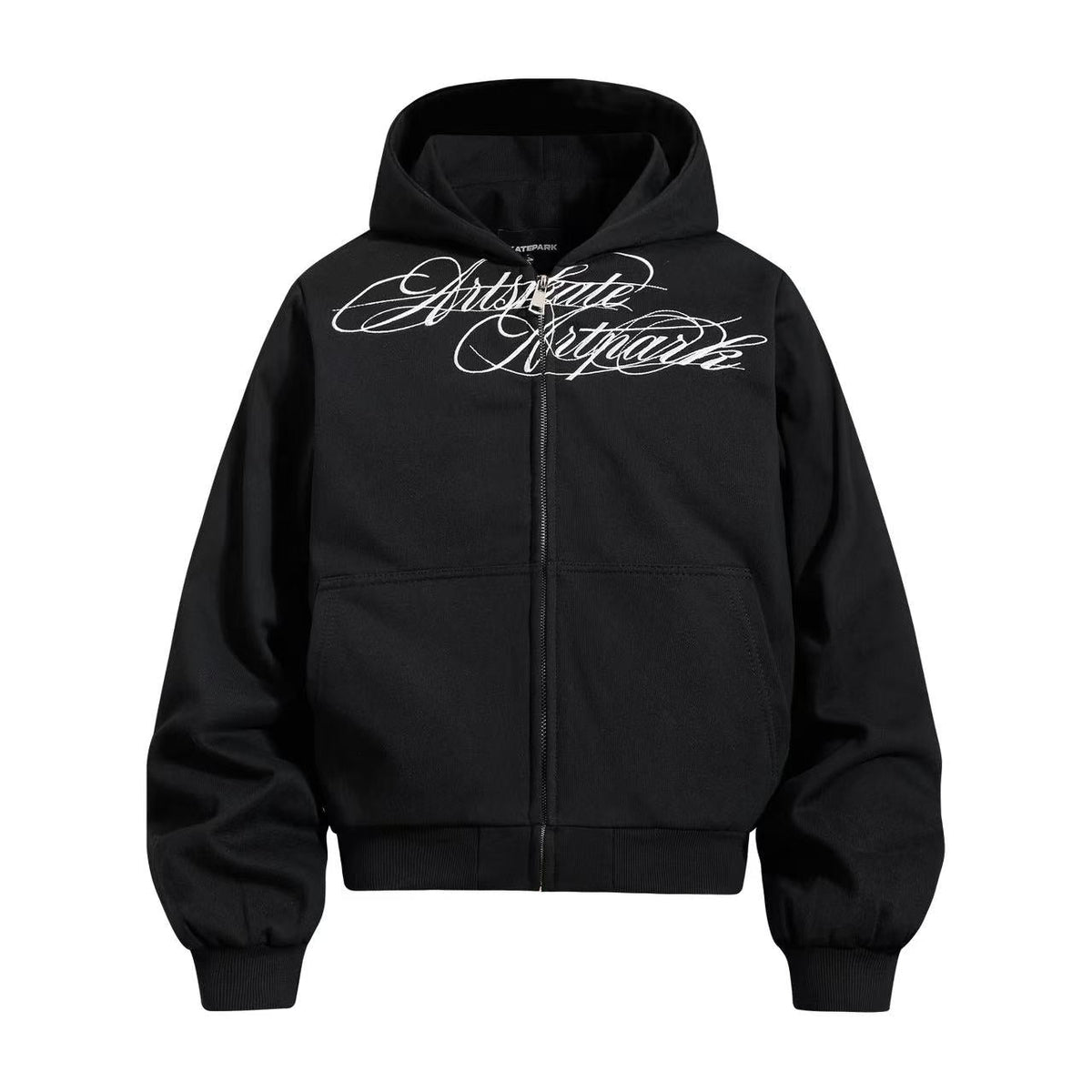 Cropped Cursive Script Print Zip-Up Hooded Jacket - OMYGOODS