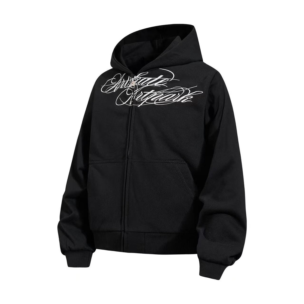 Cropped Cursive Script Print Zip-Up Hooded Jacket - OMYGOODS