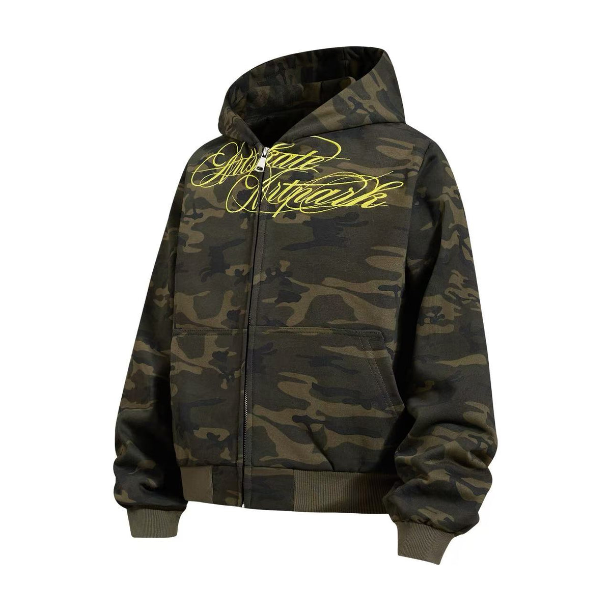 Cropped Cursive Script Print Zip-Up Hooded Jacket - OMYGOODS