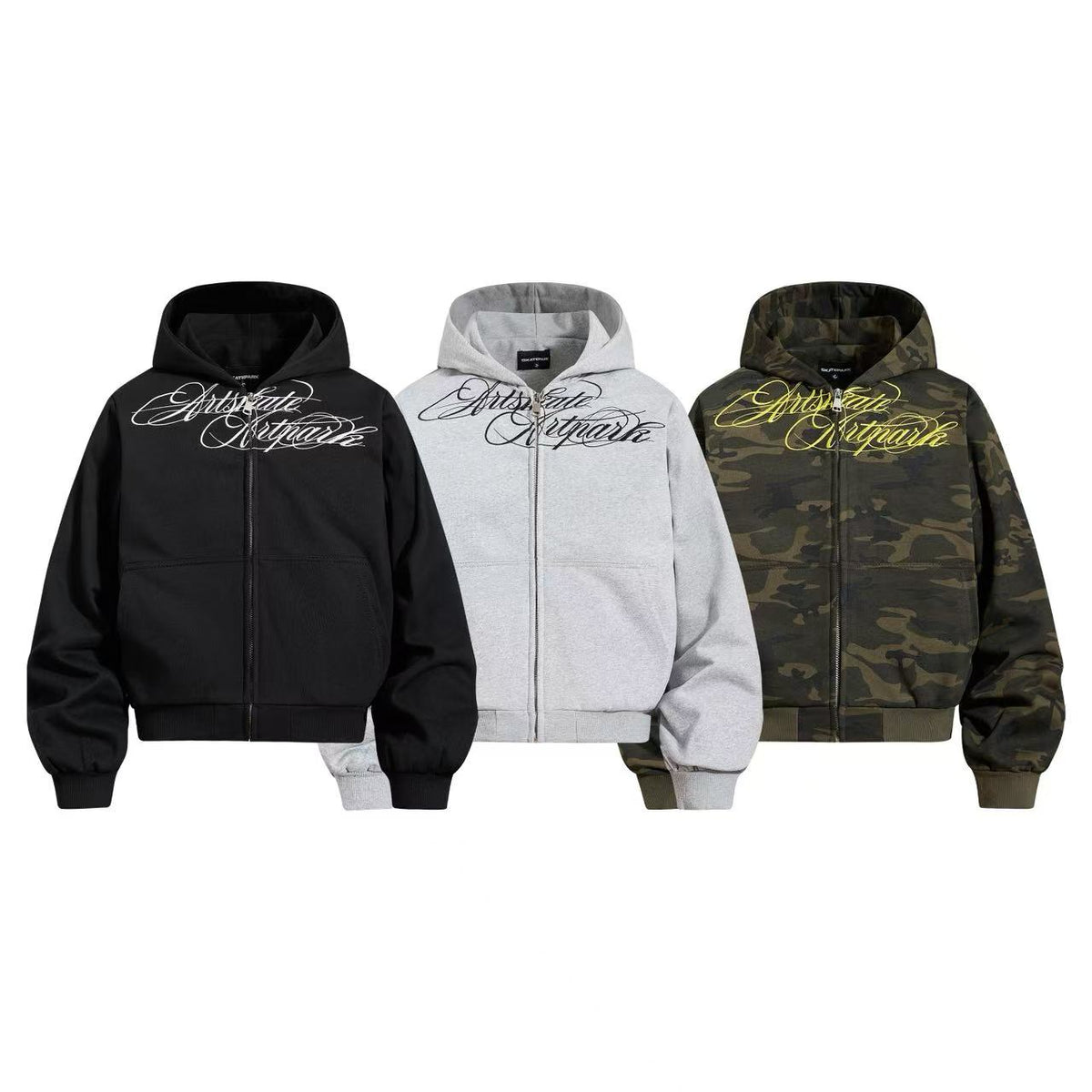 Cropped Cursive Script Print Zip-Up Hooded Jacket - OMYGOODS