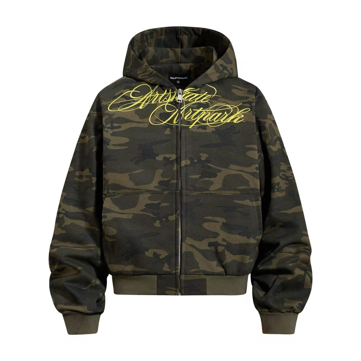Cropped Cursive Script Print Zip-Up Hooded Jacket - OMYGOODS