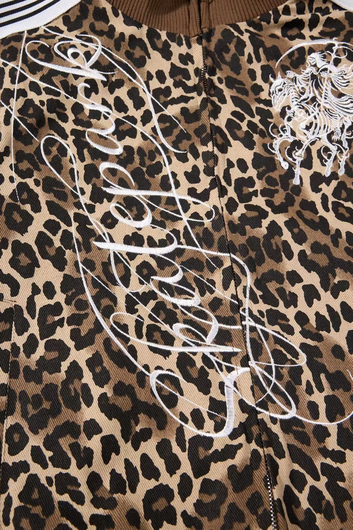 Cropped Leopard Print Side Stripe Script Embroidery Track Jacket - OMYGOODS