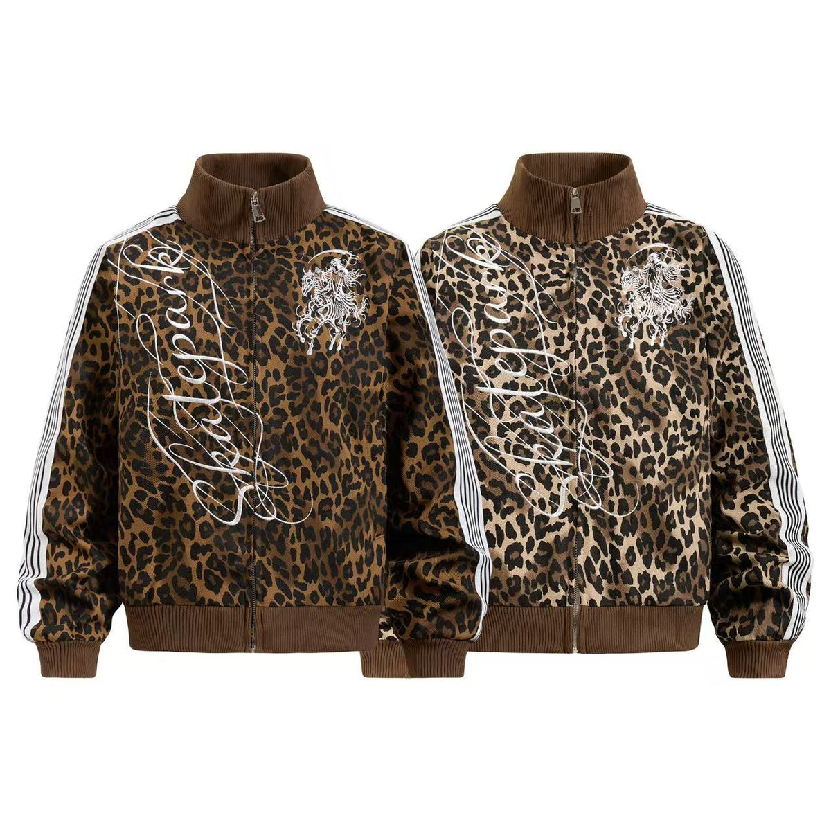 Cropped Leopard Print Side Stripe Script Embroidery Track Jacket - OMYGOODS
