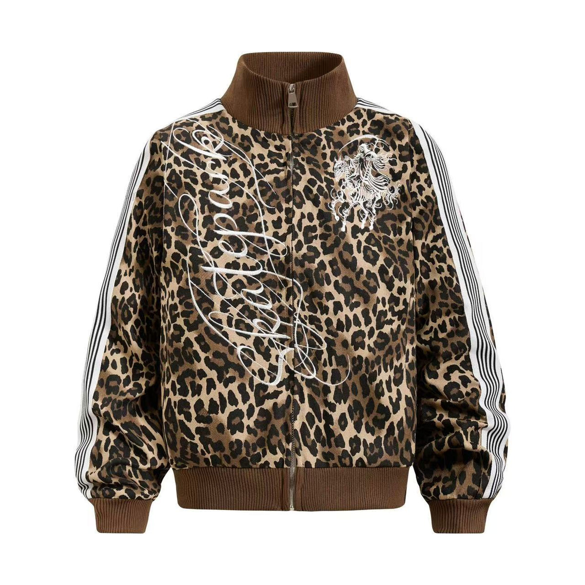 Cropped Leopard Print Side Stripe Script Embroidery Track Jacket - OMYGOODS