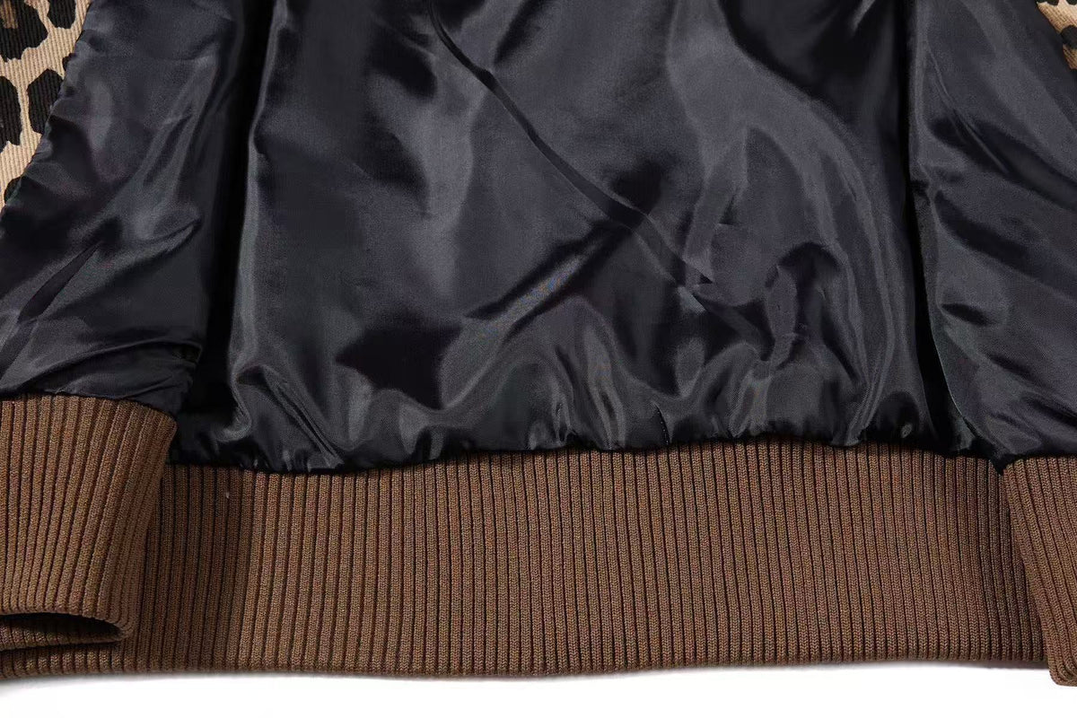 Cropped Leopard Print Side Stripe Script Embroidery Track Jacket - OMYGOODS