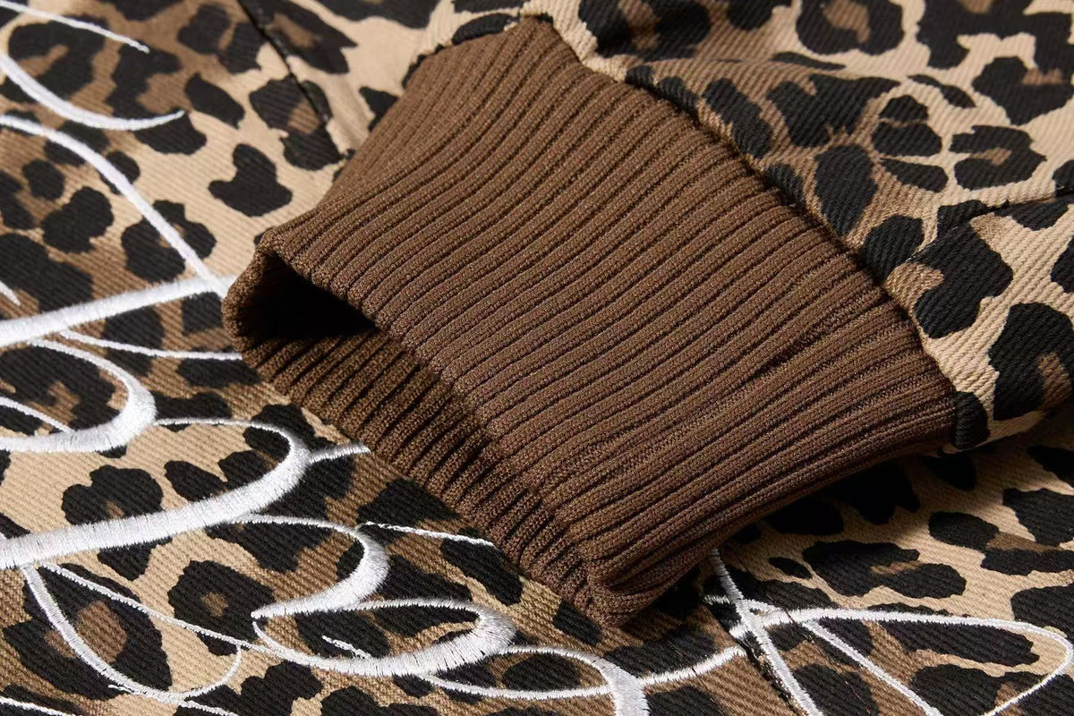 Cropped Leopard Print Side Stripe Script Embroidery Track Jacket - OMYGOODS