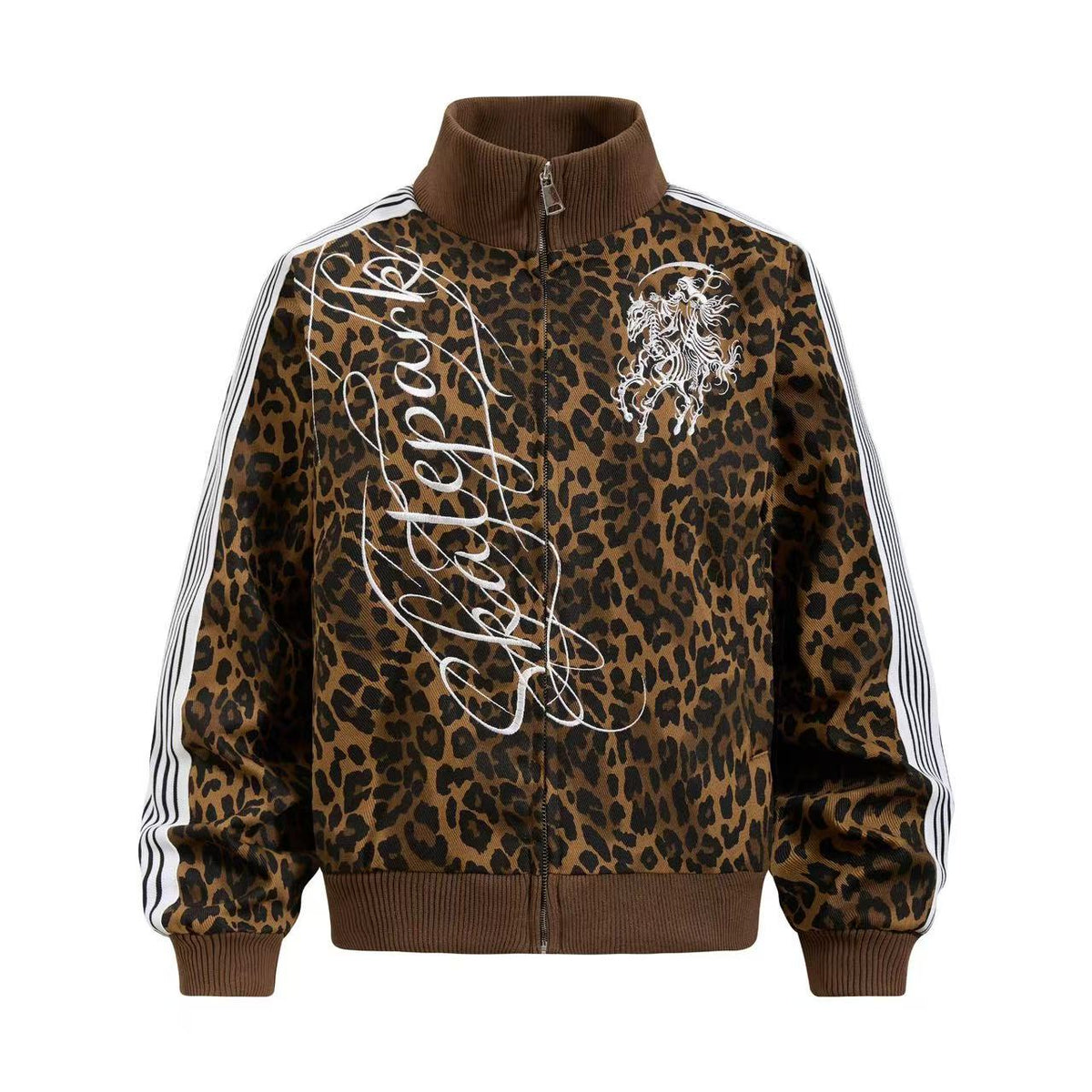 Cropped Leopard Print Side Stripe Script Embroidery Track Jacket - OMYGOODS