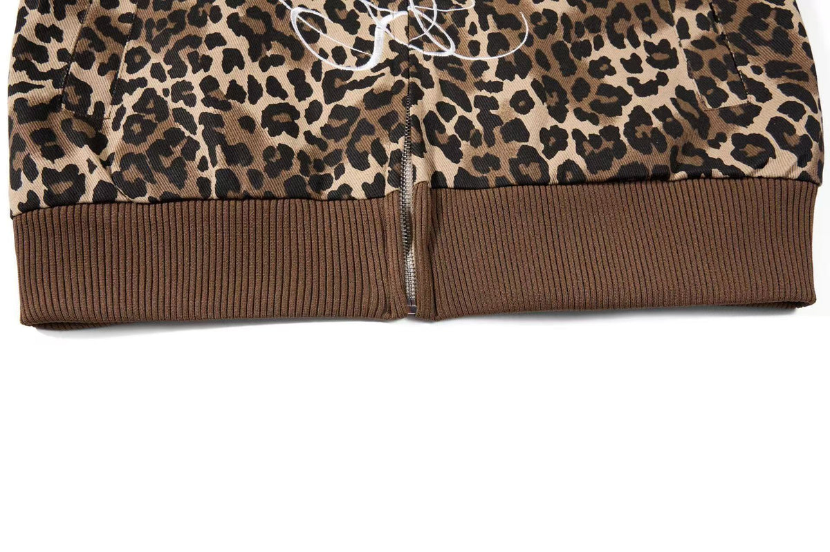 Cropped Leopard Print Side Stripe Script Embroidery Track Jacket - OMYGOODS