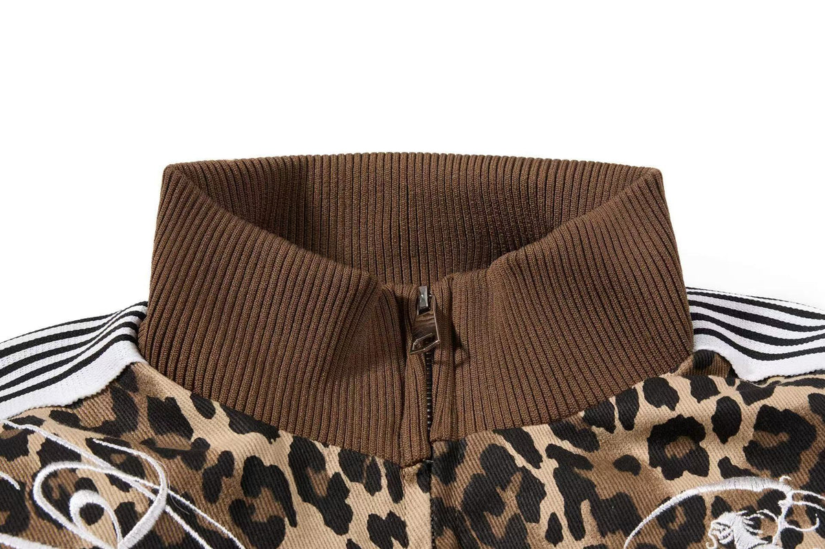 Cropped Leopard Print Side Stripe Script Embroidery Track Jacket - OMYGOODS