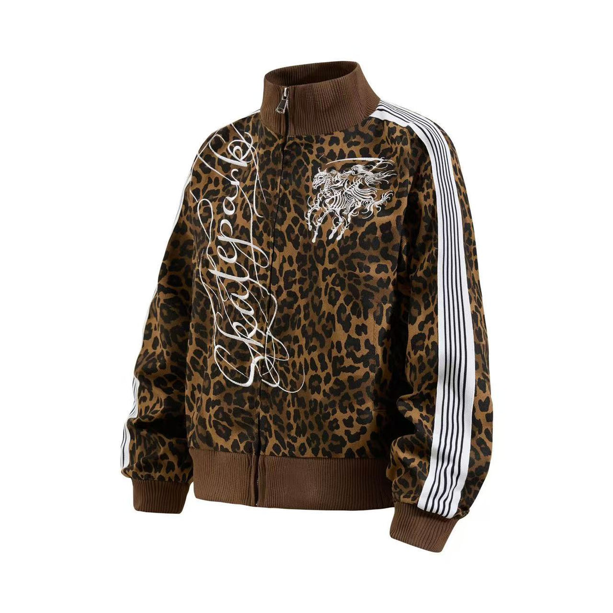 Cropped Leopard Print Side Stripe Script Embroidery Track Jacket - OMYGOODS