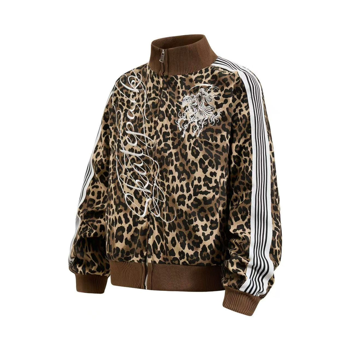 Cropped Leopard Print Side Stripe Script Embroidery Track Jacket - OMYGOODS