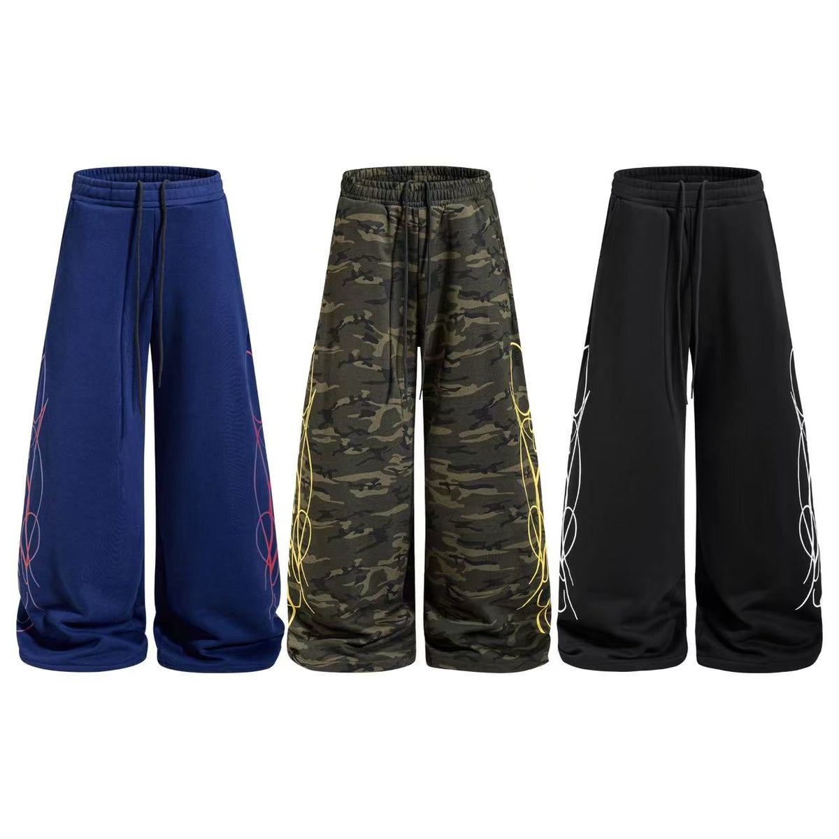 Streetwear Fleece Lined Side Script Line Graphic Print Wide-Leg Sweatpants - OMYGOODS