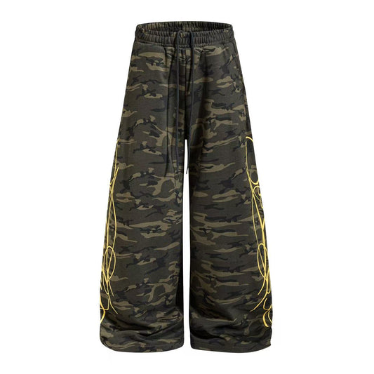 Streetwear Fleece Lined Side Script Line Graphic Print Wide-Leg Sweatpants - OMYGOODS