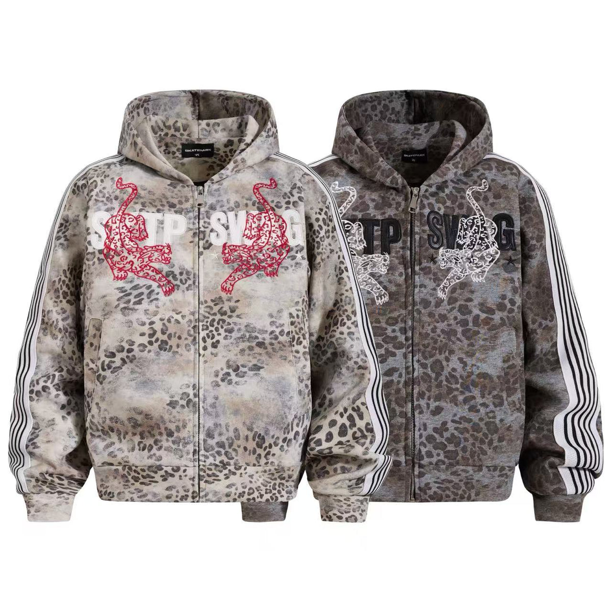 Cropped Vintage Leopard Tiger Embroidery Striped Sleeve Hooded Jacket - OMYGOODS
