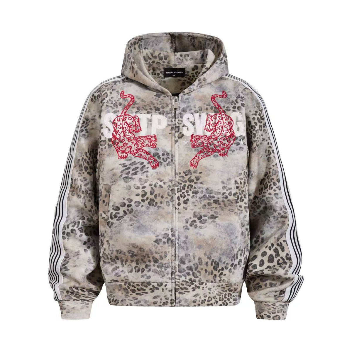 Cropped Vintage Leopard Tiger Embroidery Striped Sleeve Hooded Jacket - OMYGOODS