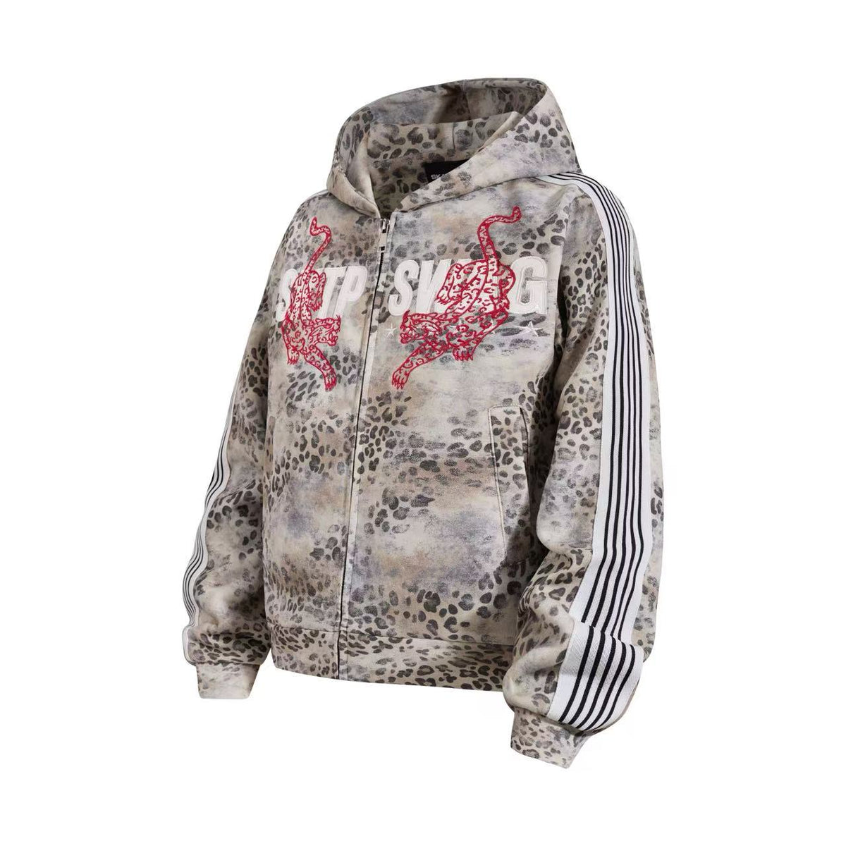 Cropped Vintage Leopard Tiger Embroidery Striped Sleeve Hooded Jacket - OMYGOODS