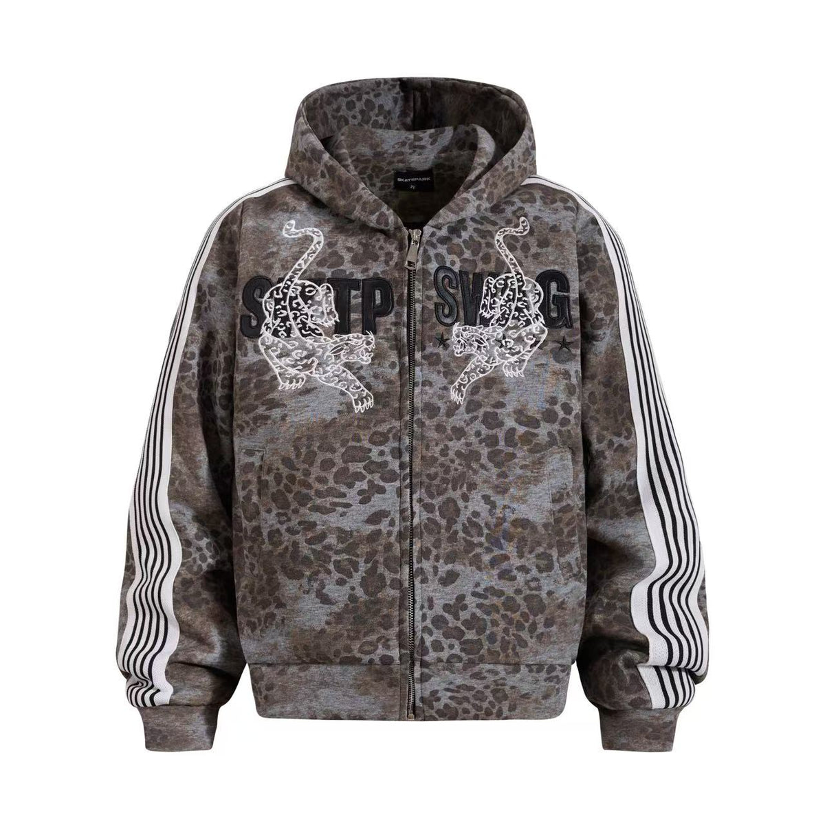 Cropped Vintage Leopard Tiger Embroidery Striped Sleeve Hooded Jacket - OMYGOODS